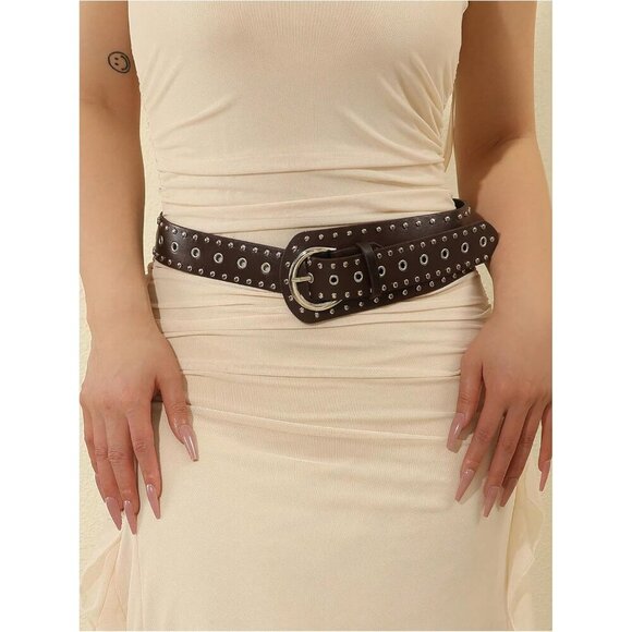 Women\'s Studded Belts Y2k Punk PU Leather Vintage Western Cowgirl Belts Coffee main image 4